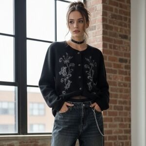 Soft Grunge Indie Black Embroidered Floral Snapped Cardigan SZ XL